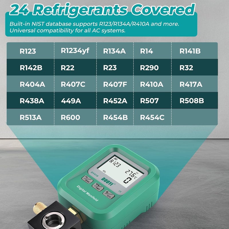 DUOYI DY519 3-in-1 HVAC Digital Manifold Vacuum Gauge Refrigerant Charging, Vacuum Testing & Leak Detection 24 Refrigerant NIST Compatible High Precision Pressure Meter for AC Pros & DIYers - Image 4